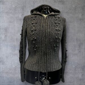 Etui Fisherman Bobble Aran Zip Front Hoodie Sweater in Grey